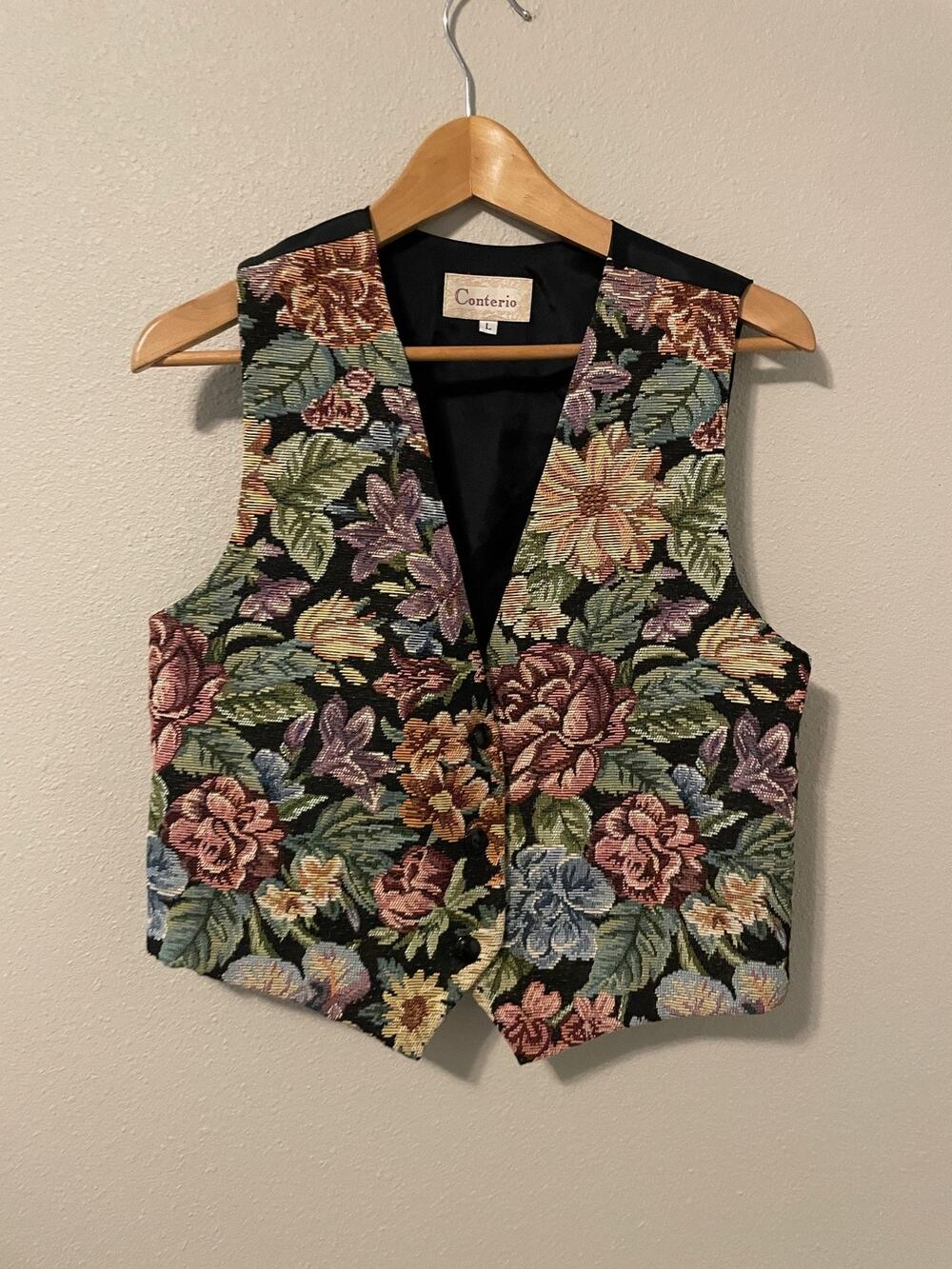 Vintage Conterio Vest Womens Large Multicolor Floral Tapestry Cottagecore 90s